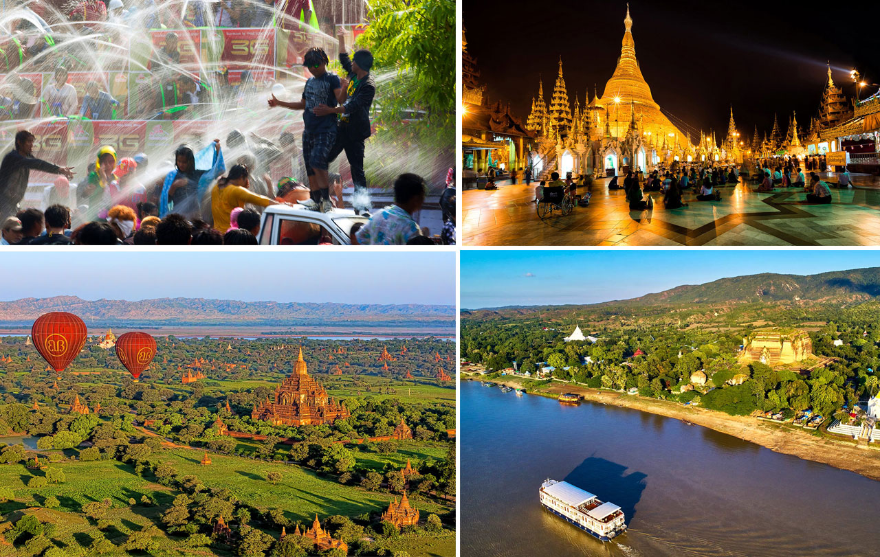 A collage of four images showing different things to do in Myanmar, such as visiting a temple, riding a hot air balloon, joining a water festival, and Cruise along Irrawaddy River